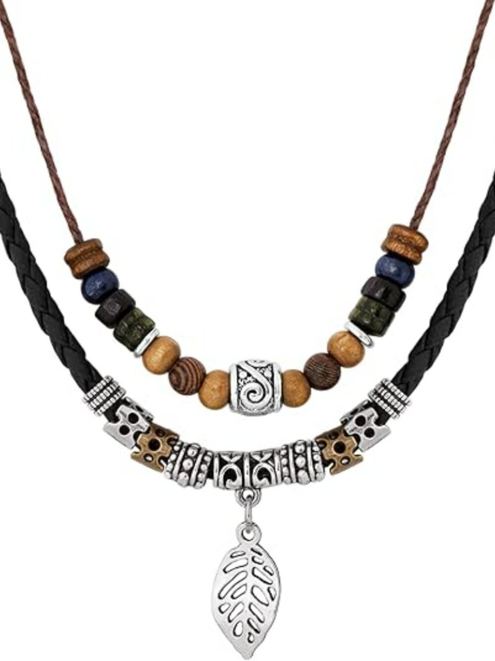 NEW Western Boho Wood Beads Choker Necklace Flower Leaf Beaded Layered Bohemian